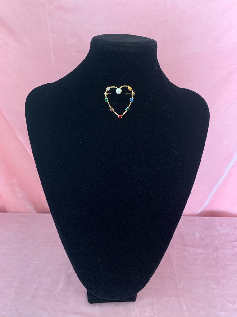 Vintage Gold Heart Brooch with Multicolor Stones and a center pearl  Great Piece